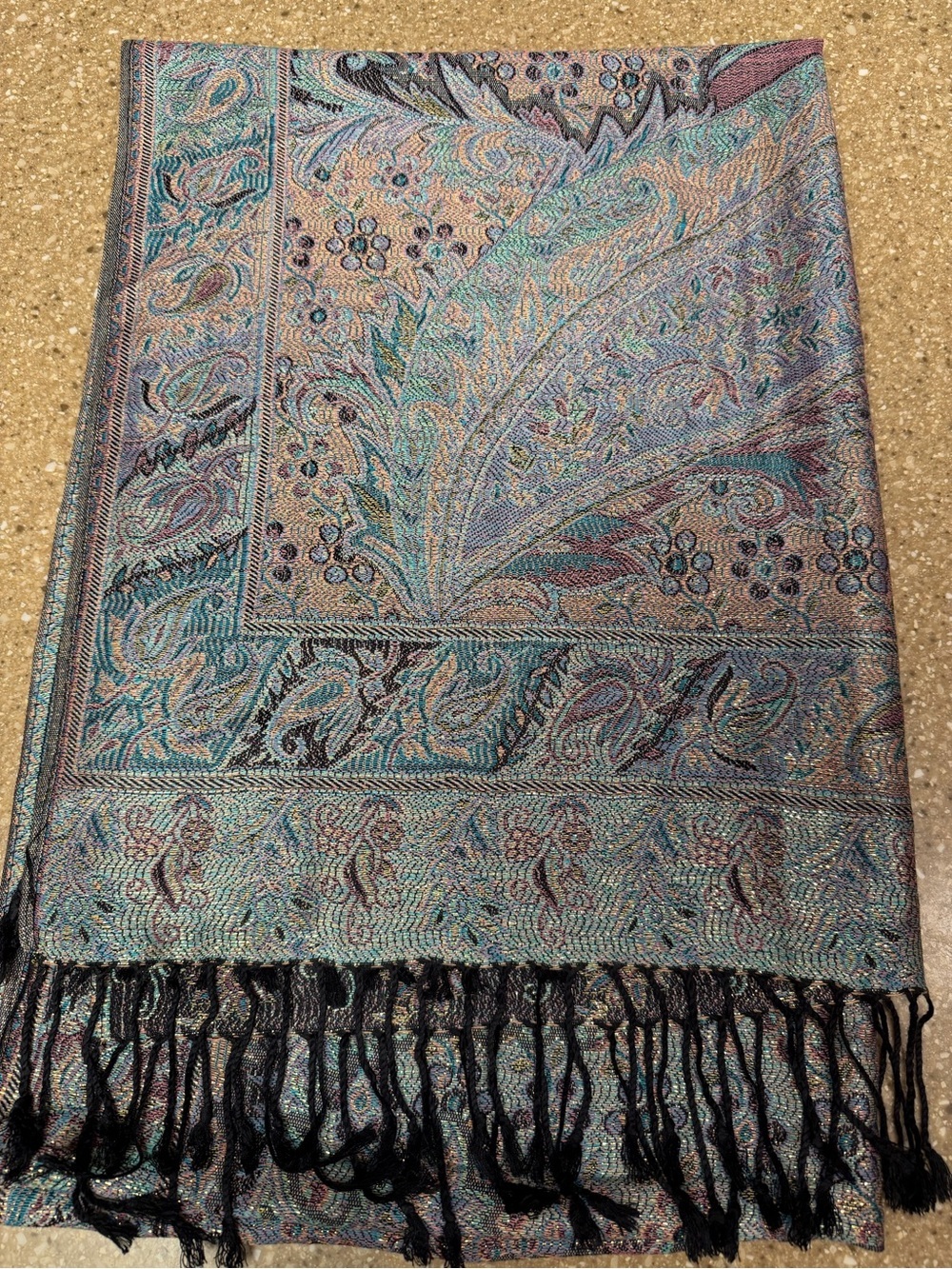pashmina Teal, Purple & Black Paisley Woven Shawl with Fringe